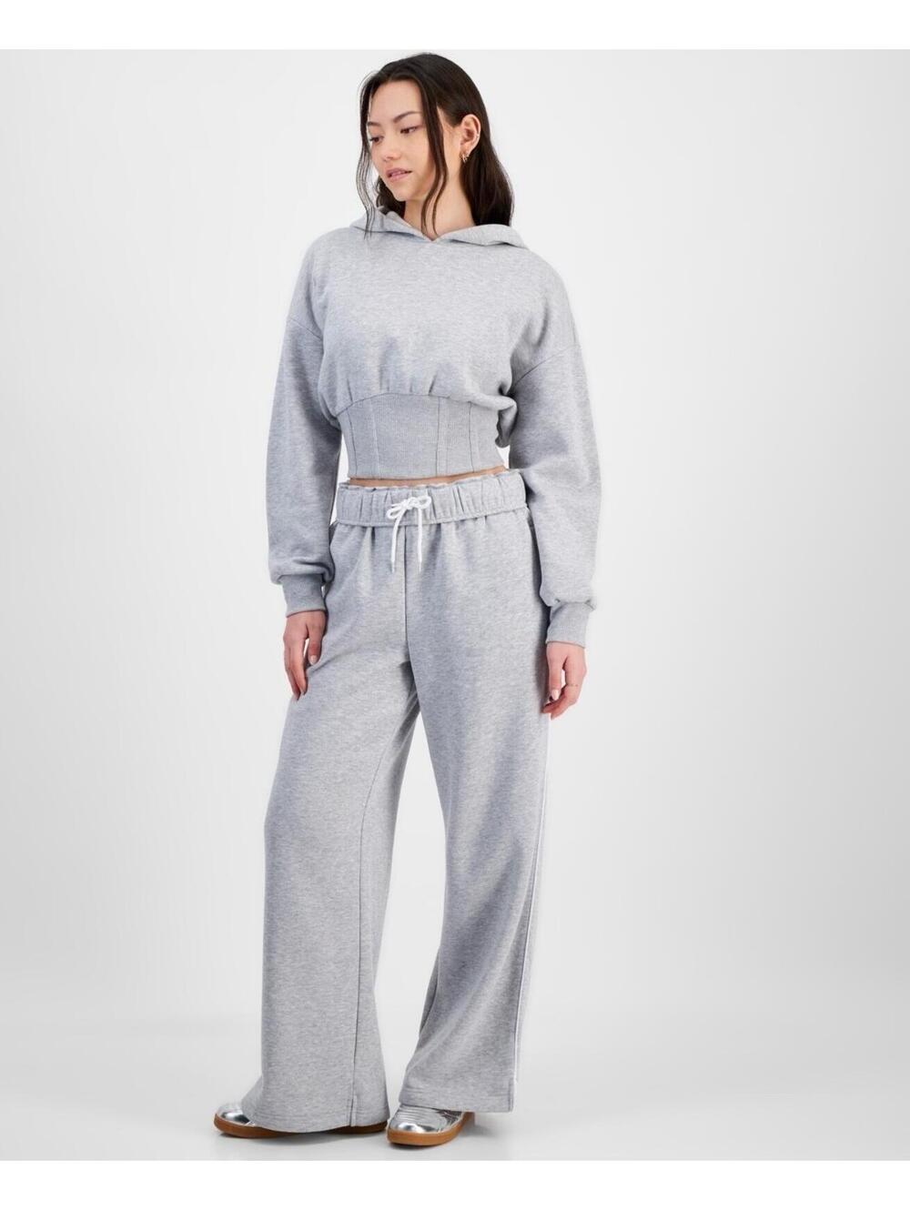 $34 Madden Girl Juniors' Rolled-Cuff Wide-Leg Fleece Sweatpants - Heather Grey L
